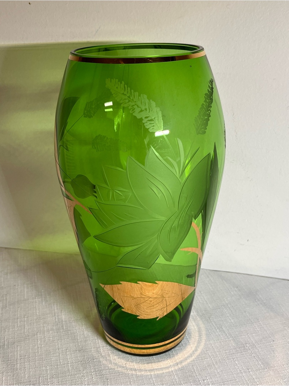 Vintage Emerald Green Glass Vase Gold Enamel Leaves 
Czech Bohemian 
MCM